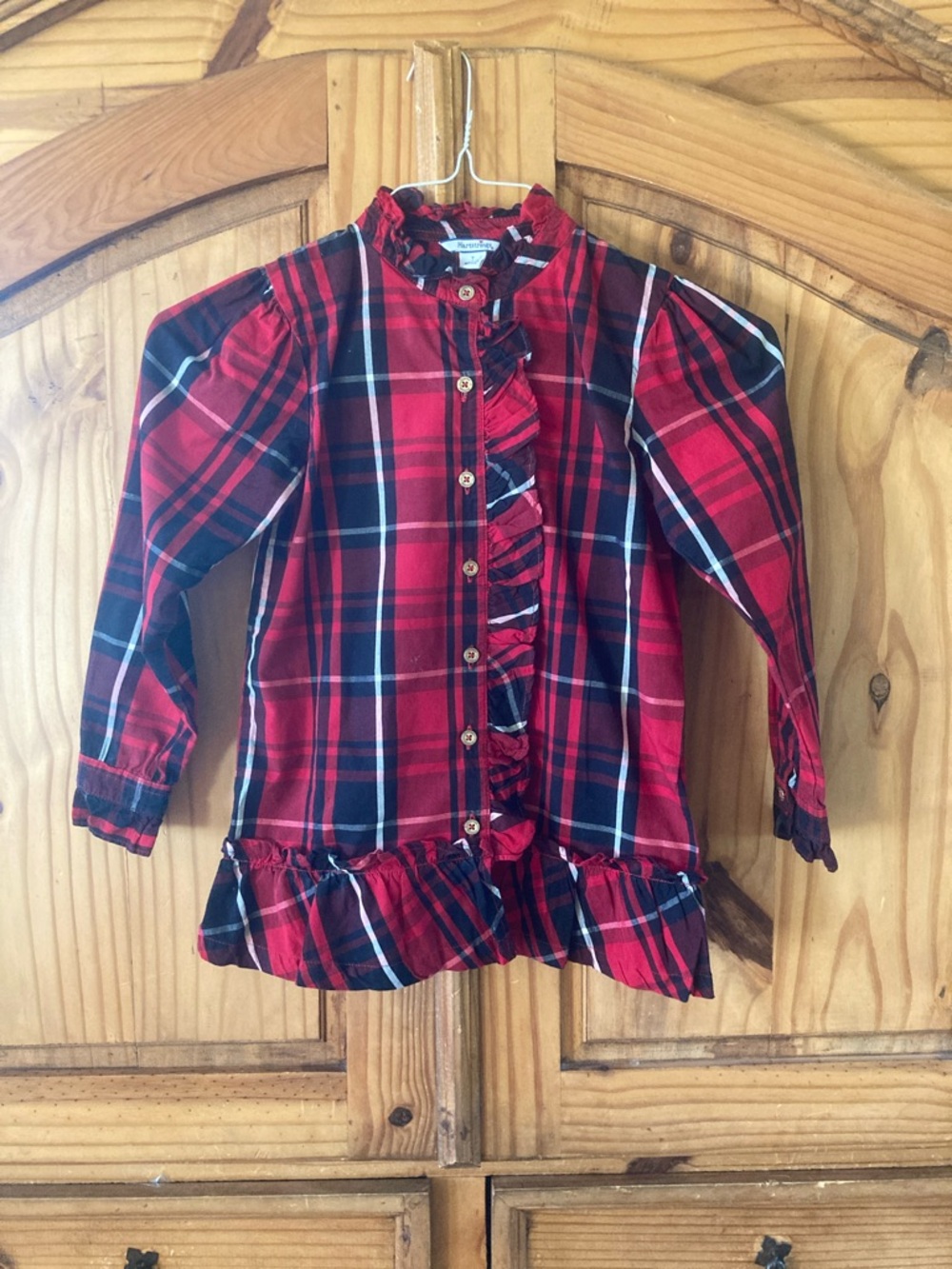 Girls Hartstrings red black plaid long sleeve ruffle blouse shirt - size 7